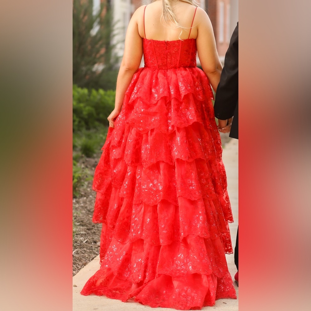 Jovani Red Sequin Ruffle Prom Dress Size 10 - Picture 6 of 6